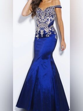 JVN Royal Blue Off-Shoulder Mermaid Gown with Gold Embroidered Bodice